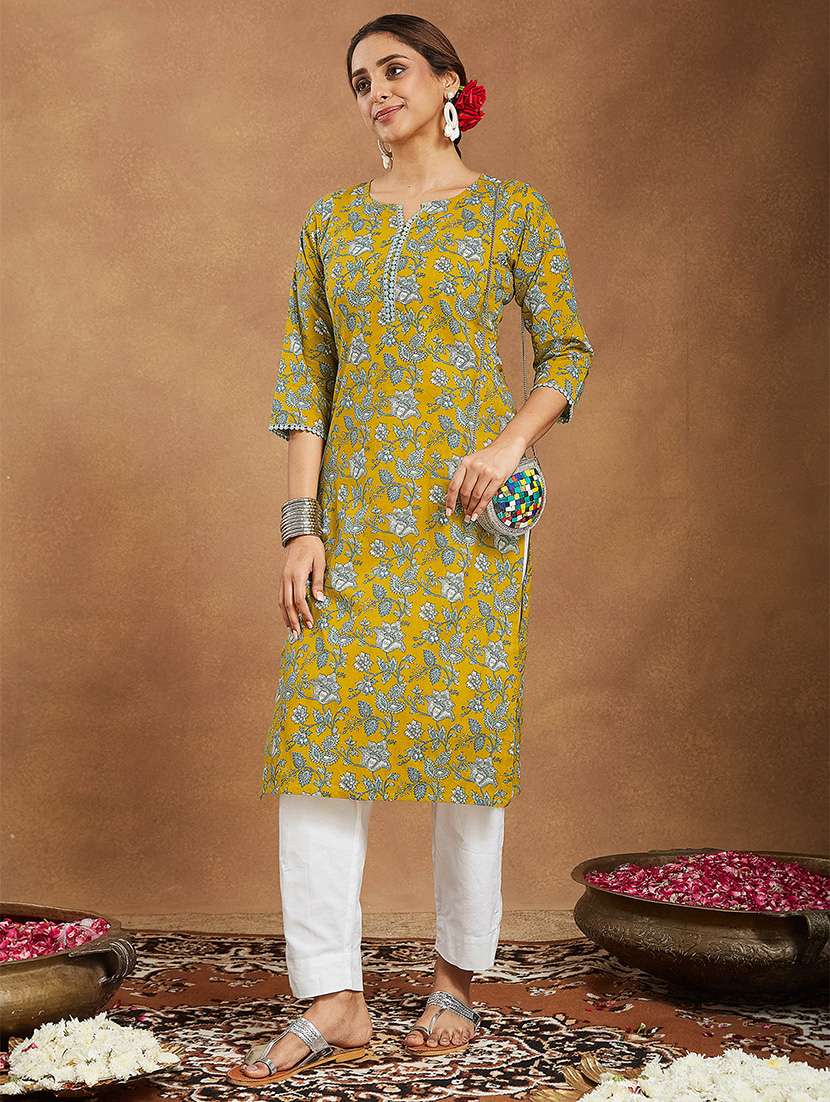 women floral three quarter sleeve straight kurta