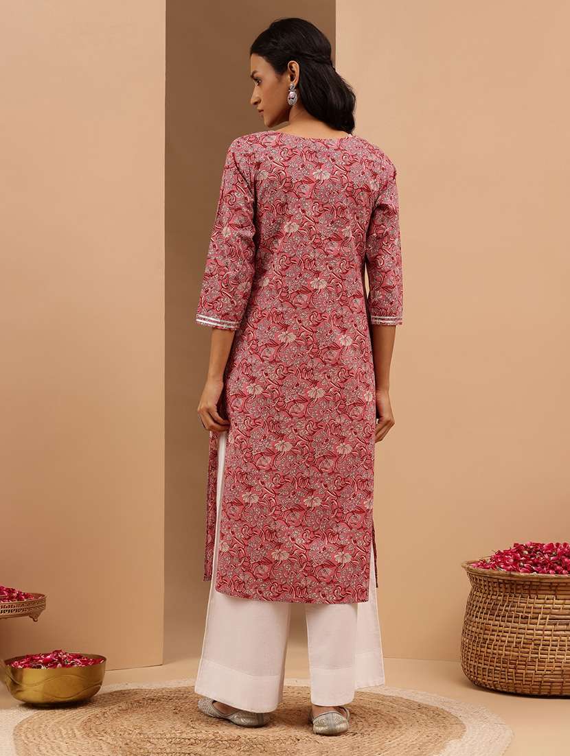 women floral three quarter sleeve straight kurta - 22144669 -  Standard Image - 3