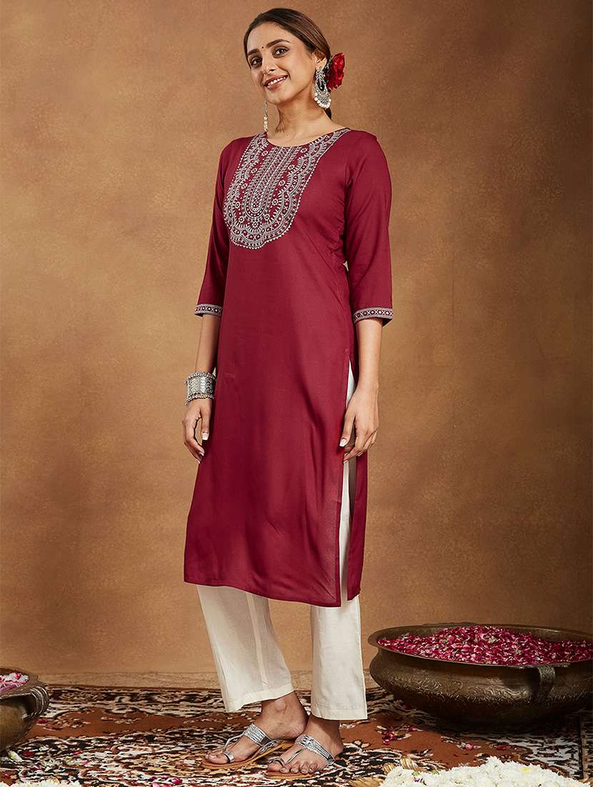 women embroidered three quarter sleeve straight kurta - 22144670 -  Standard Image - 3