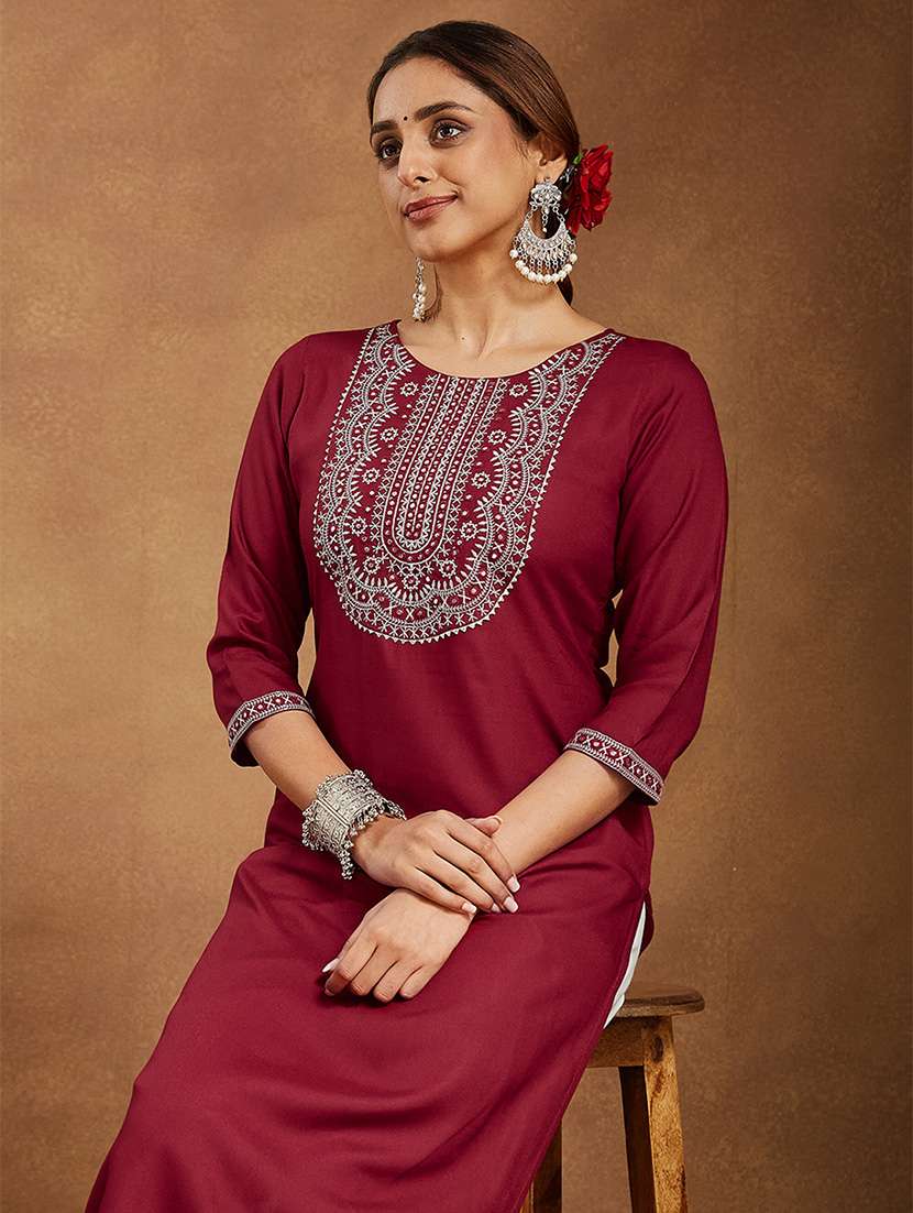 women embroidered three quarter sleeve straight kurta - 22144670 -  Standard Image - 5