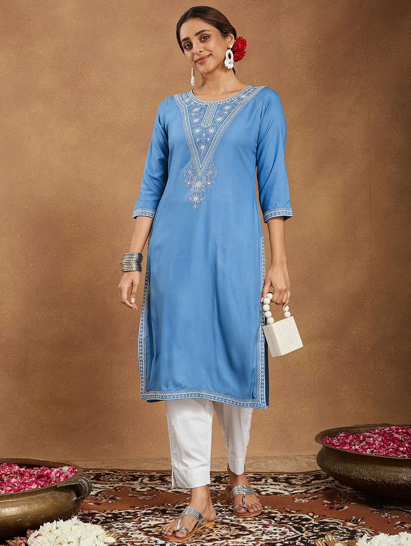 women embroidered three quarter sleeve straight kurta - 22144672 - Zoom Image - 0