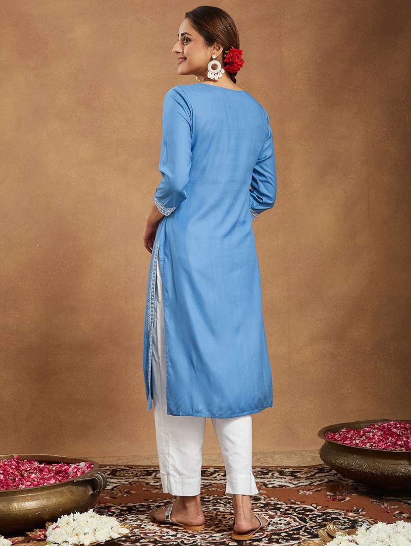 women embroidered three quarter sleeve straight kurta - 22144672 - Standard Image - 3