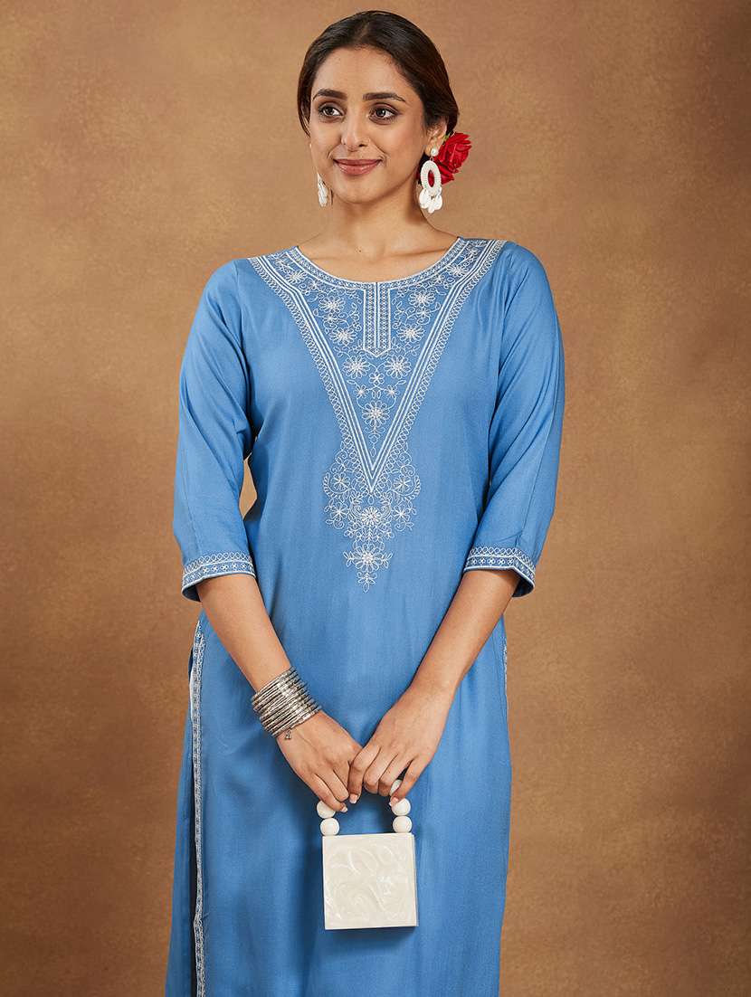 women embroidered three quarter sleeve straight kurta - 22144672 - Standard Image - 5
