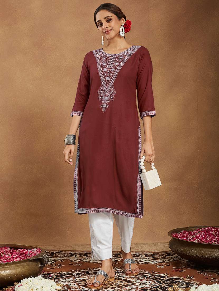 women embroidered three quarter sleeve straight kurta - 22144673 -  Zoom Image - 0