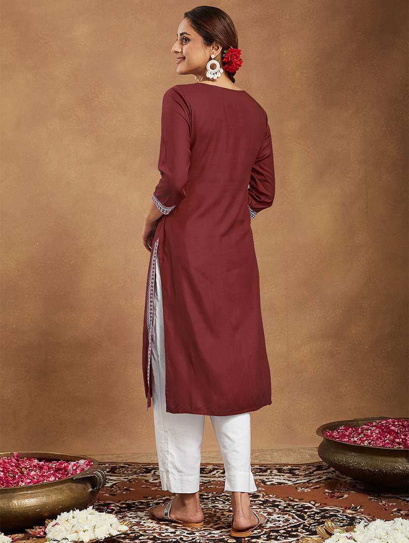 women embroidered three quarter sleeve straight kurta - 22144673 - Standard Image - 3