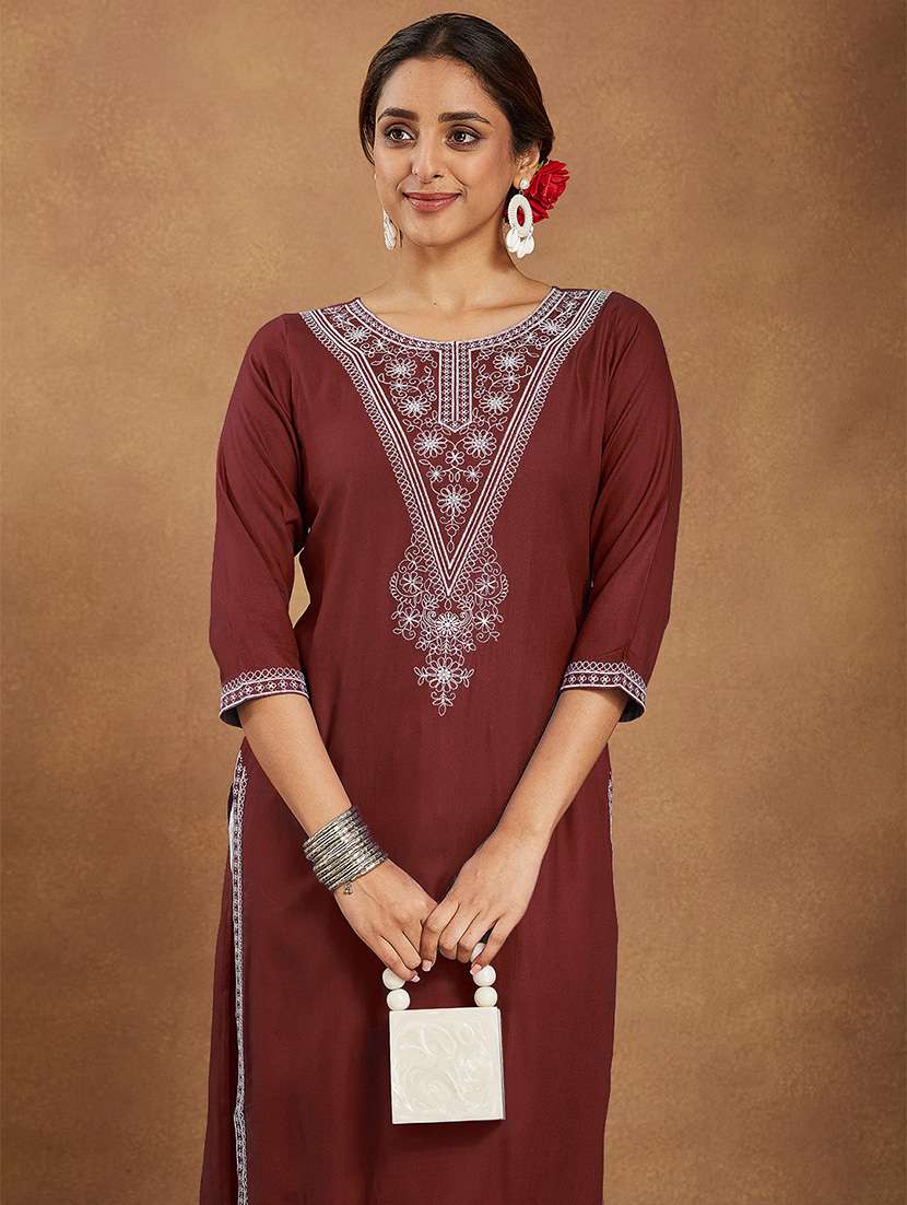 women embroidered three quarter sleeve straight kurta - 22144673 - Standard Image - 5