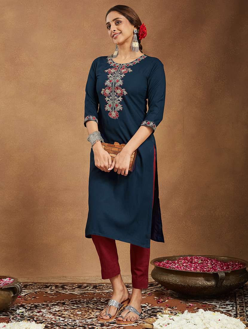 women embroidered three quarter sleeve straight kurta