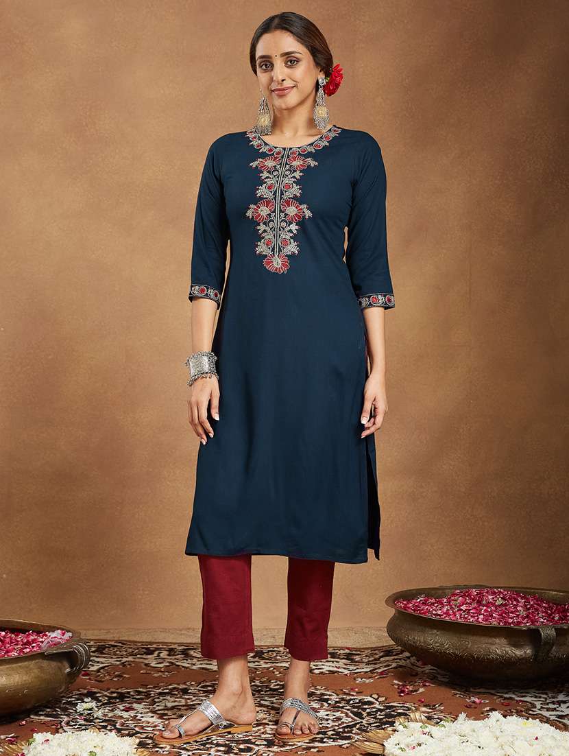 women embroidered three quarter sleeve straight kurta - 22144675 -  Standard Image - 3