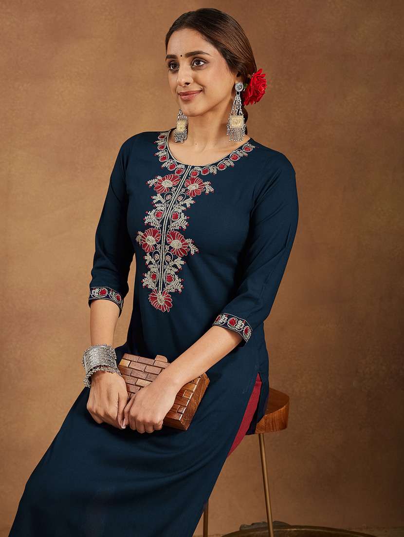 women embroidered three quarter sleeve straight kurta - 22144675 -  Standard Image - 5