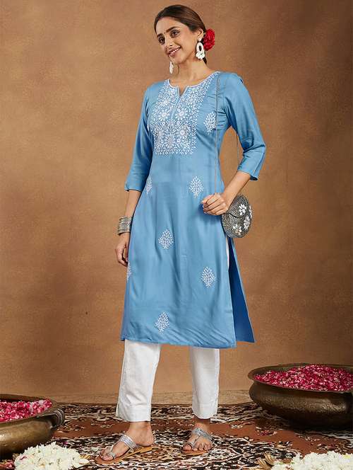 women embroidered three quarter sleeve straight kurta - 22144676 - Standard Image - 0