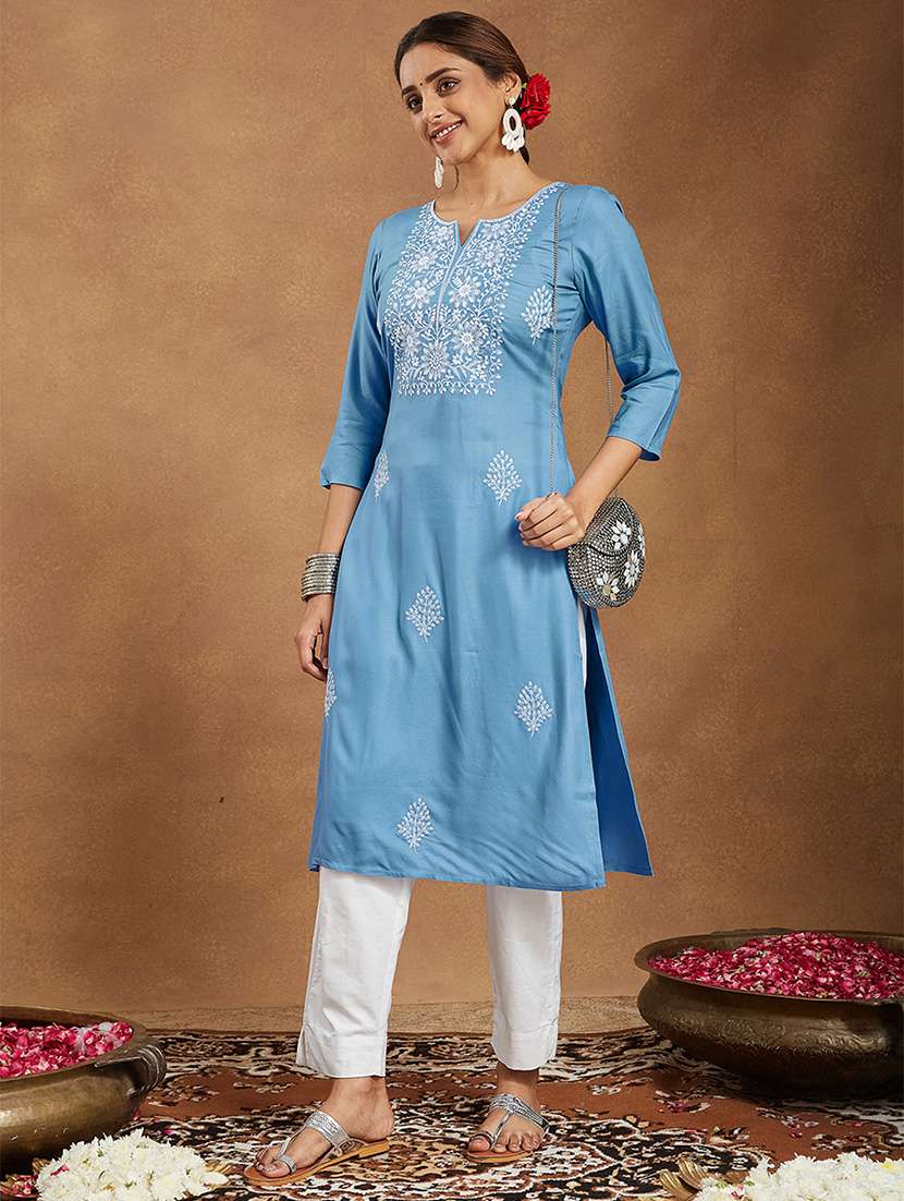 women embroidered three quarter sleeve straight kurta - 22144676 - Zoom Image - 0