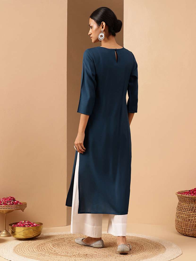 women embroidered three quarter sleeve straight kurta - 22144677 -  Standard Image - 3