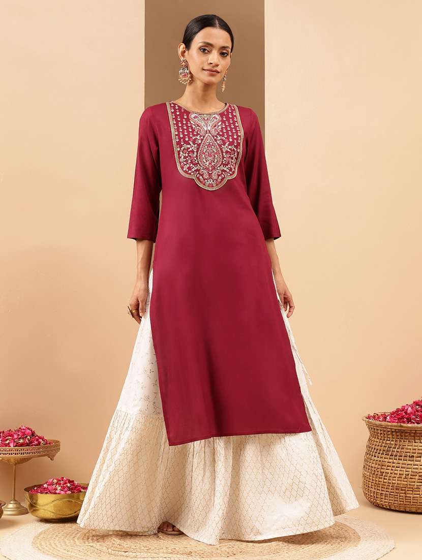 women embroidered three quarter sleeve straight kurta