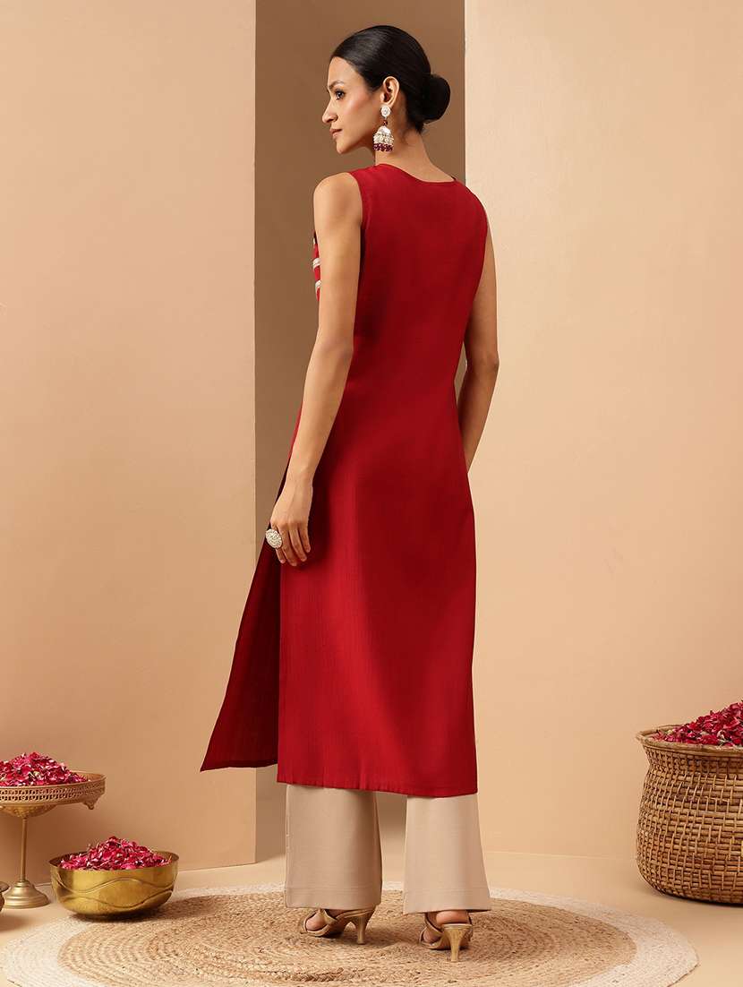 women solid with work sleeveless straight kurta - 22144680 -  Standard Image - 3