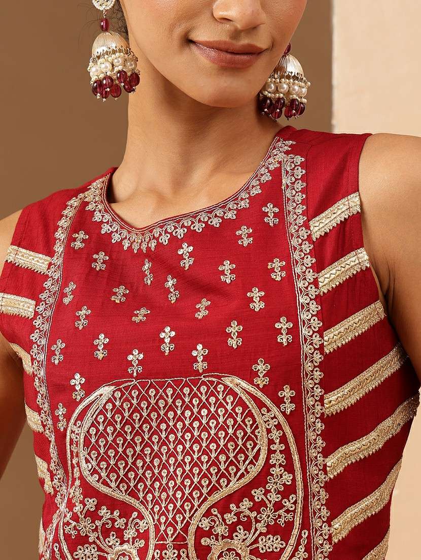 women solid with work sleeveless straight kurta - 22144680 -  Standard Image - 5