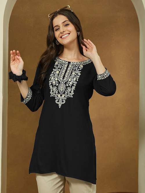 women embroidered three quarter sleeve straight kurti - 22144875 - Standard Image - 0