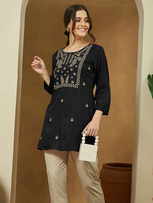 women embroidered three quarter sleeve straight kurti - 22144877 -  Standard Image - 0