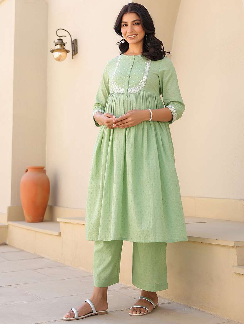 women embroidered three quarter sleeve kurta palazzo set