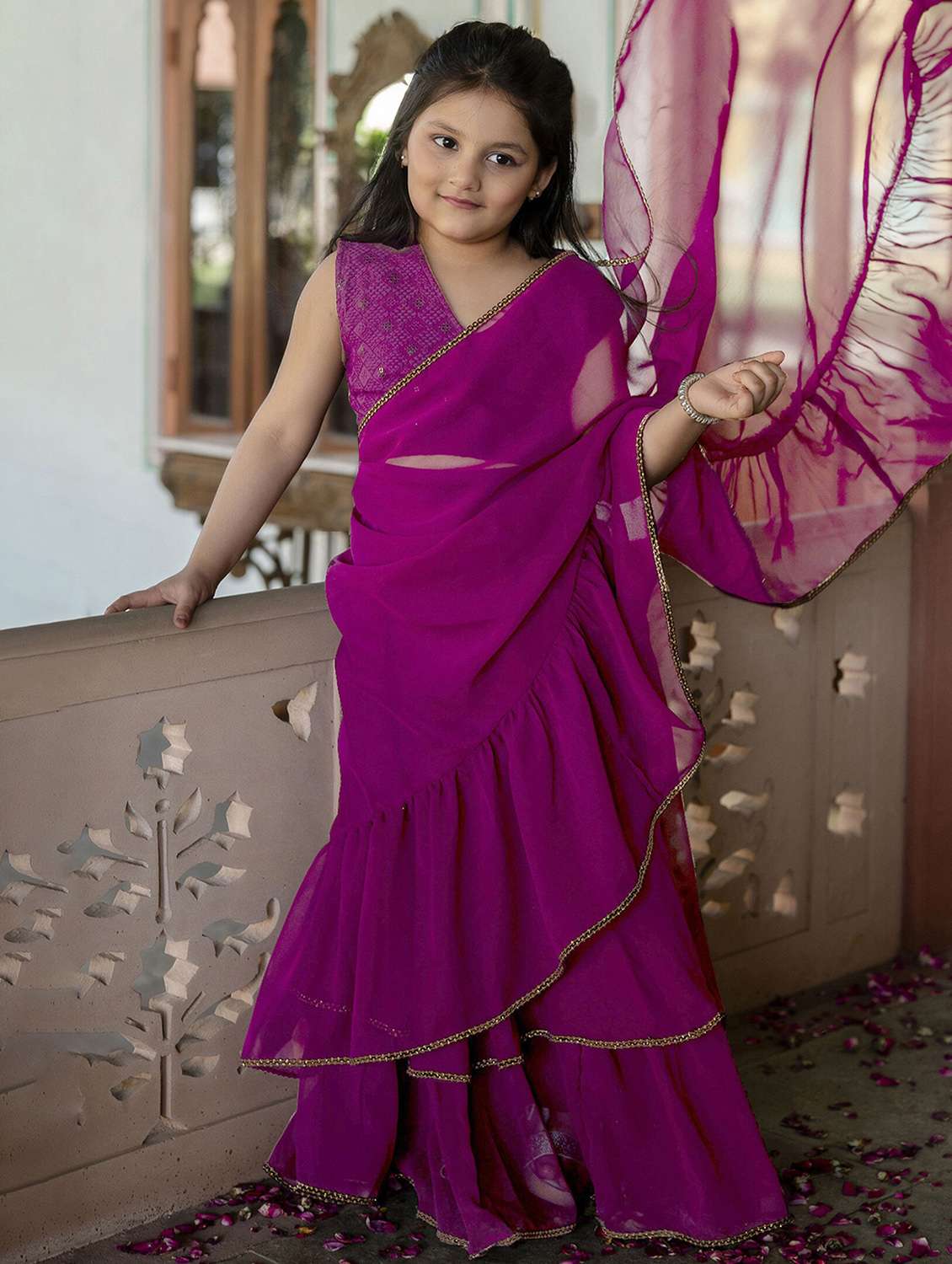 girls printed pre draped lehenga and choli with dupatta