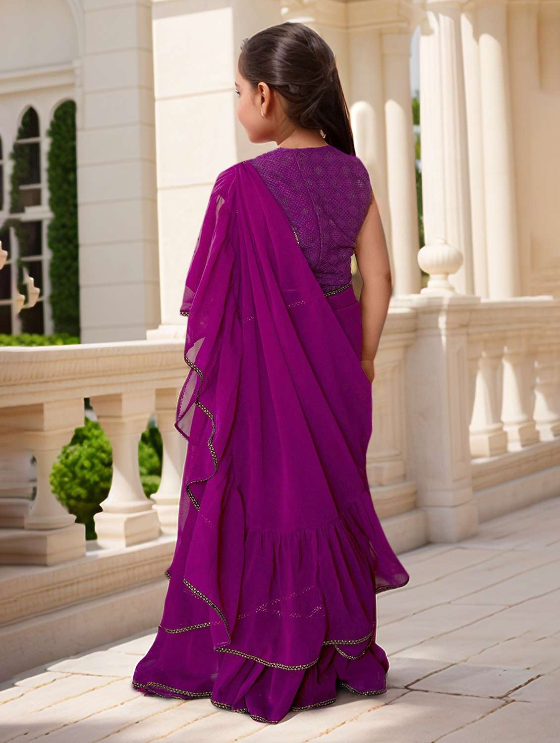 girls printed pre draped lehenga and choli with dupatta - 22144889 - Standard Image - 3