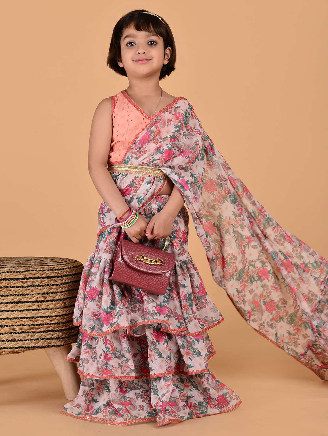 girls floral print pre draped saree