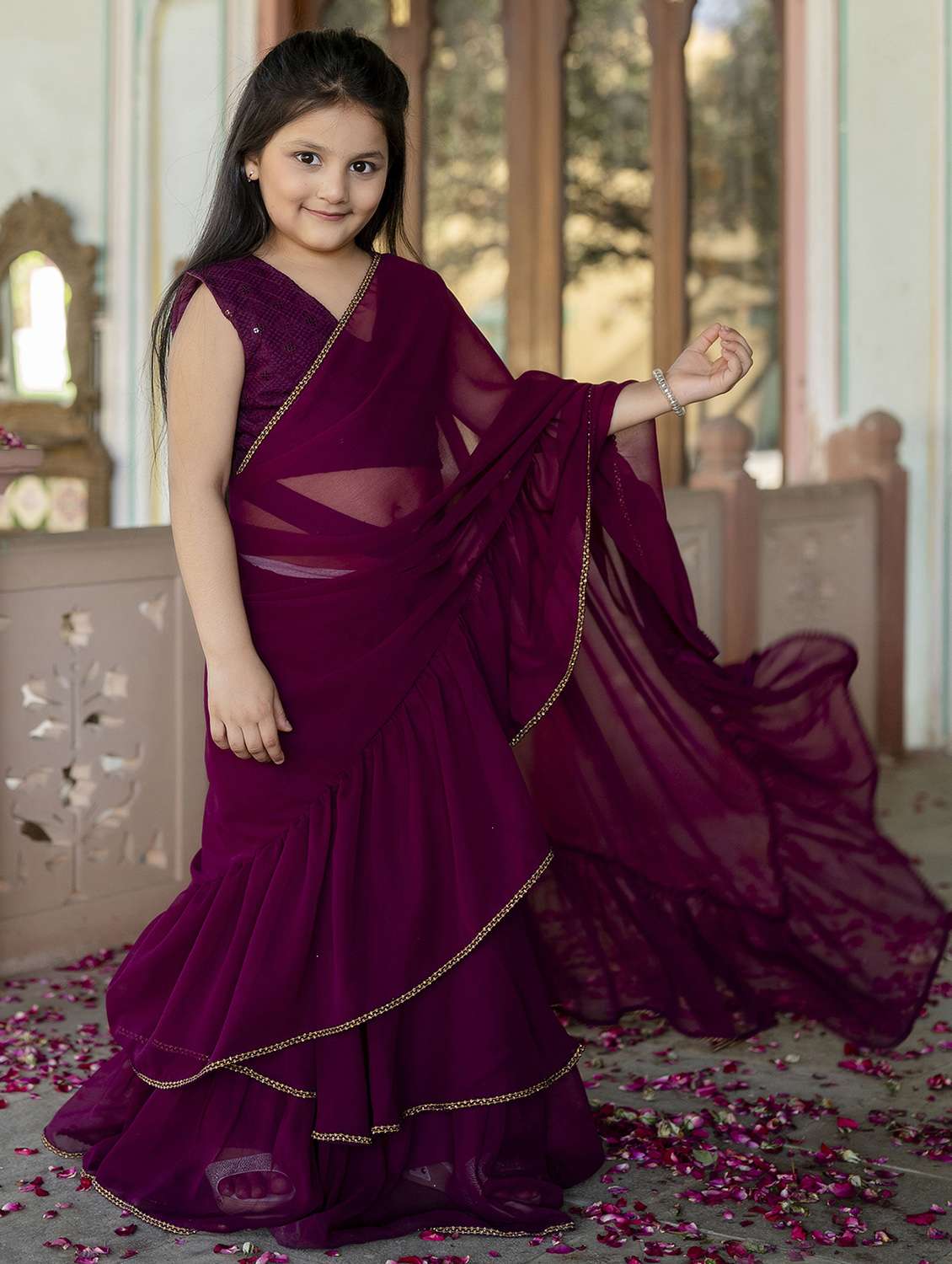 girls solid pre draped ruffled saree