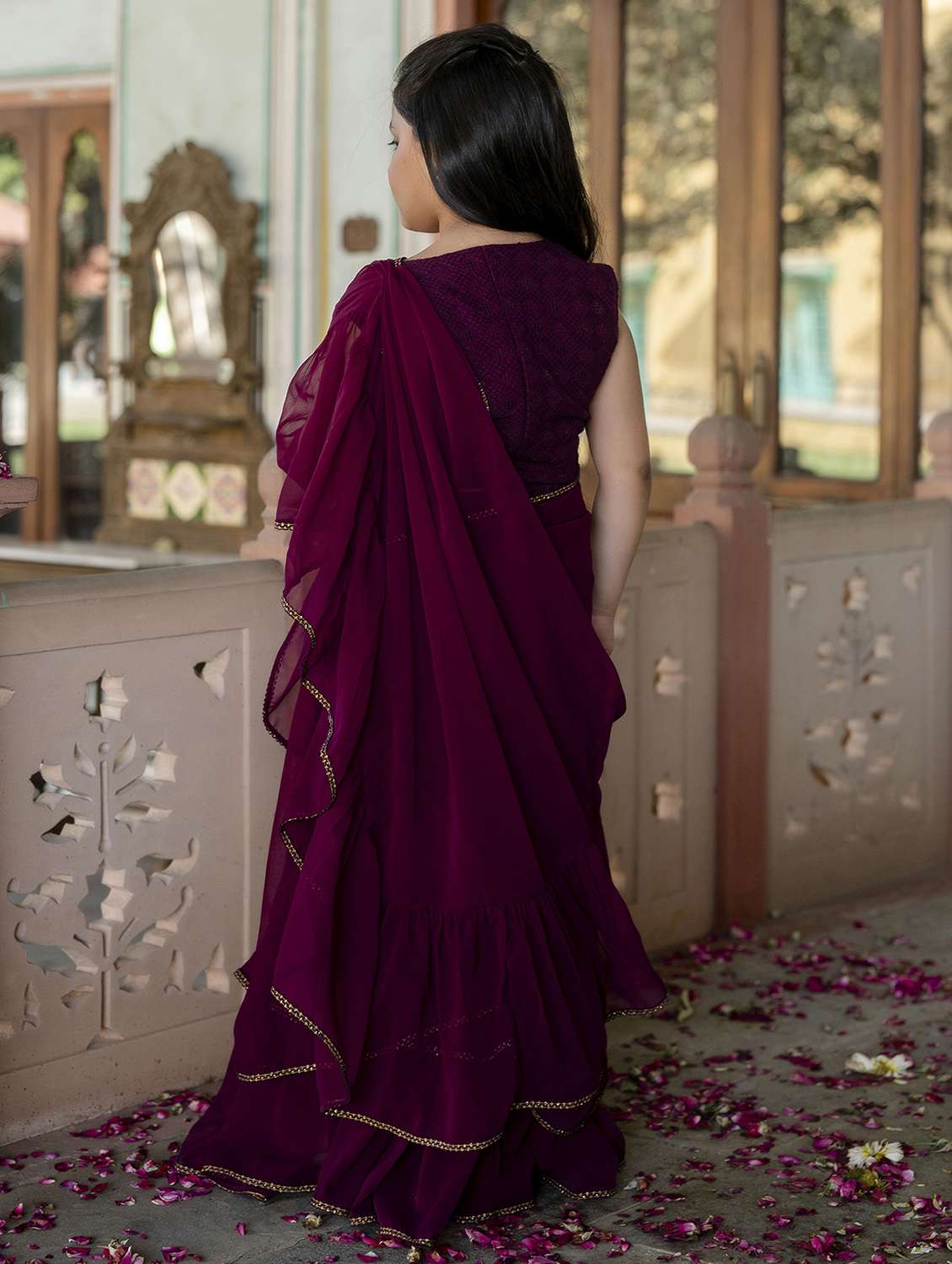 girls solid pre draped ruffled saree - 22144898 -  Standard Image - 3