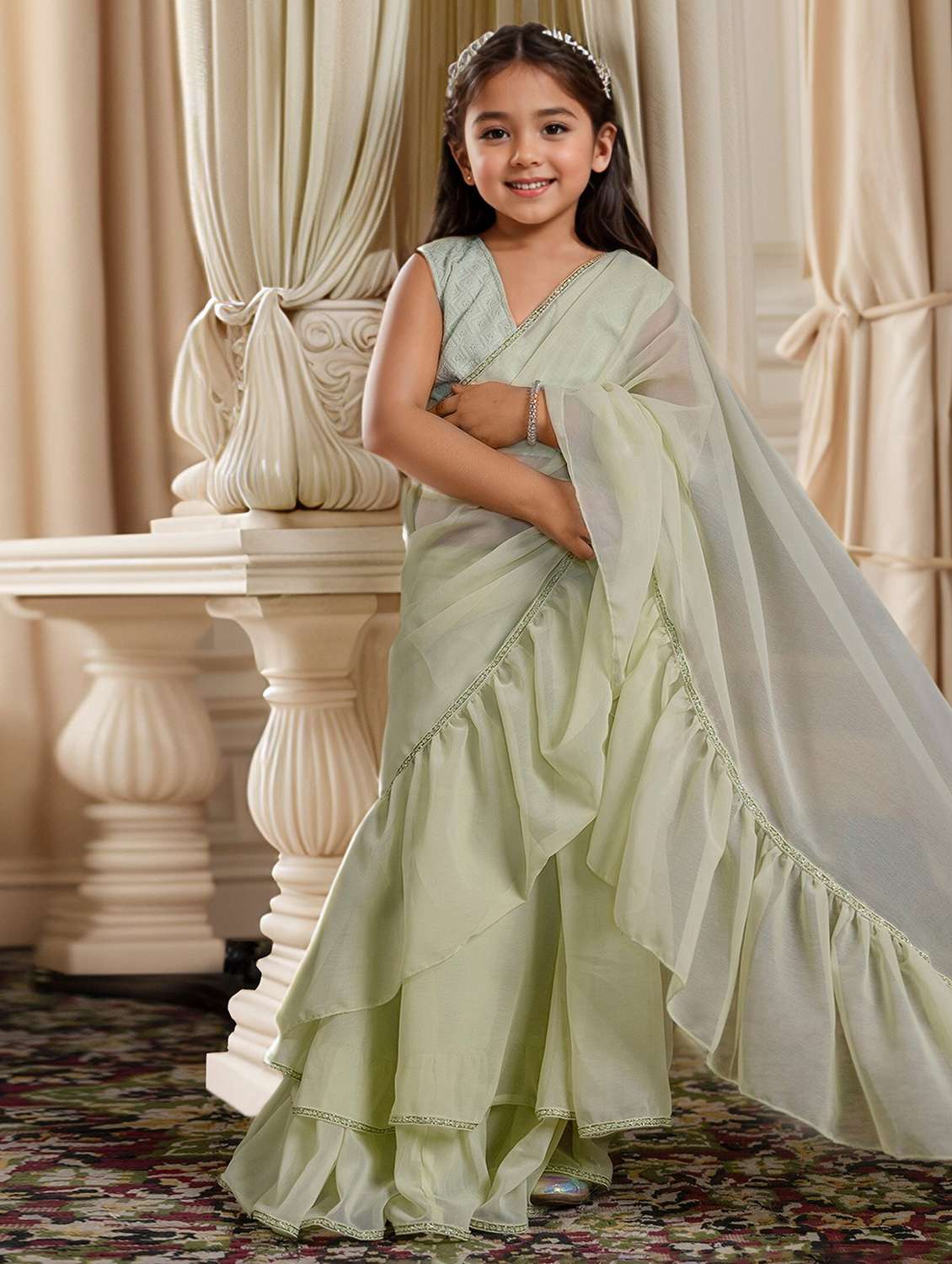 girls solid pre draped ruffled saree