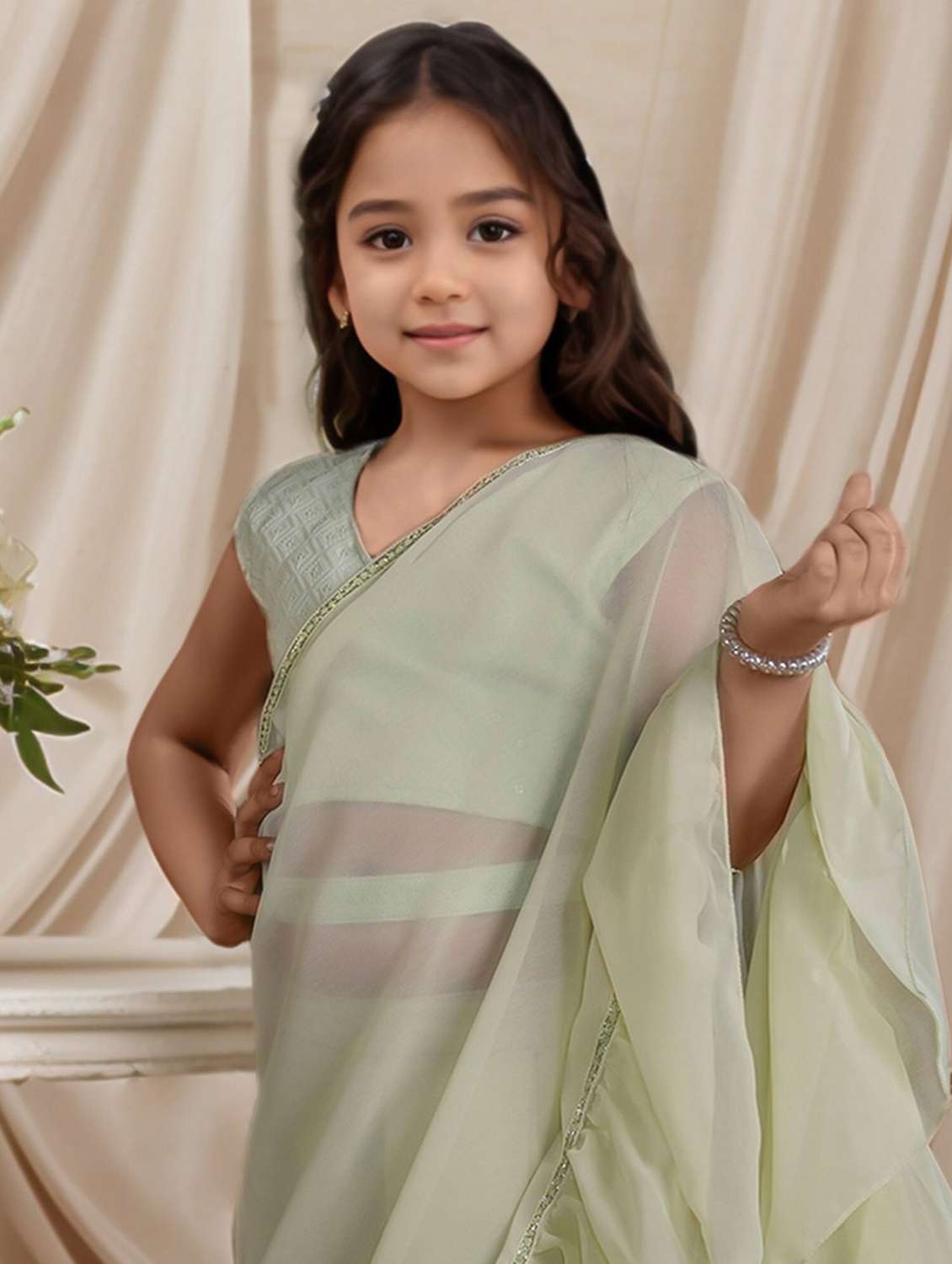 girls solid pre draped ruffled saree - 22144899 -  Standard Image - 3