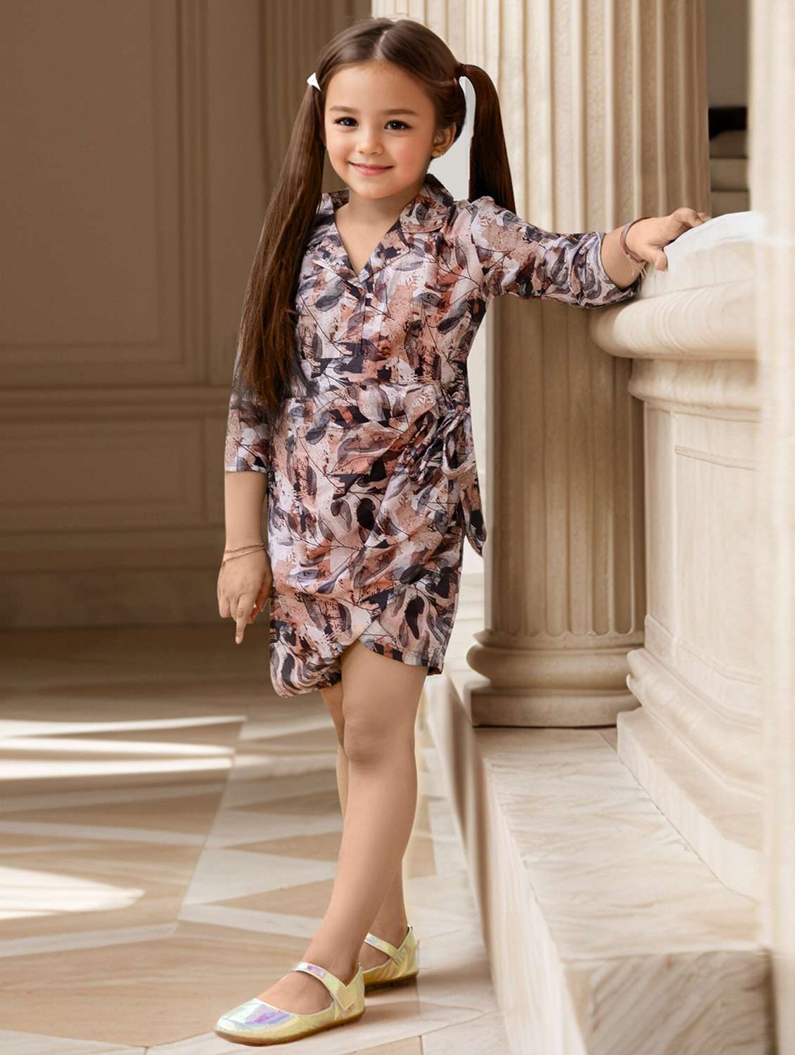 girl printed collared mock wrap dress - 22144918 -  Zoom Image - 0