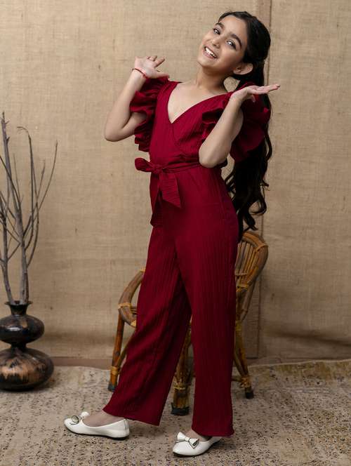 girls maroon solid ruffle sleeve jumpsuit - 22144920 -  Standard Image - 0