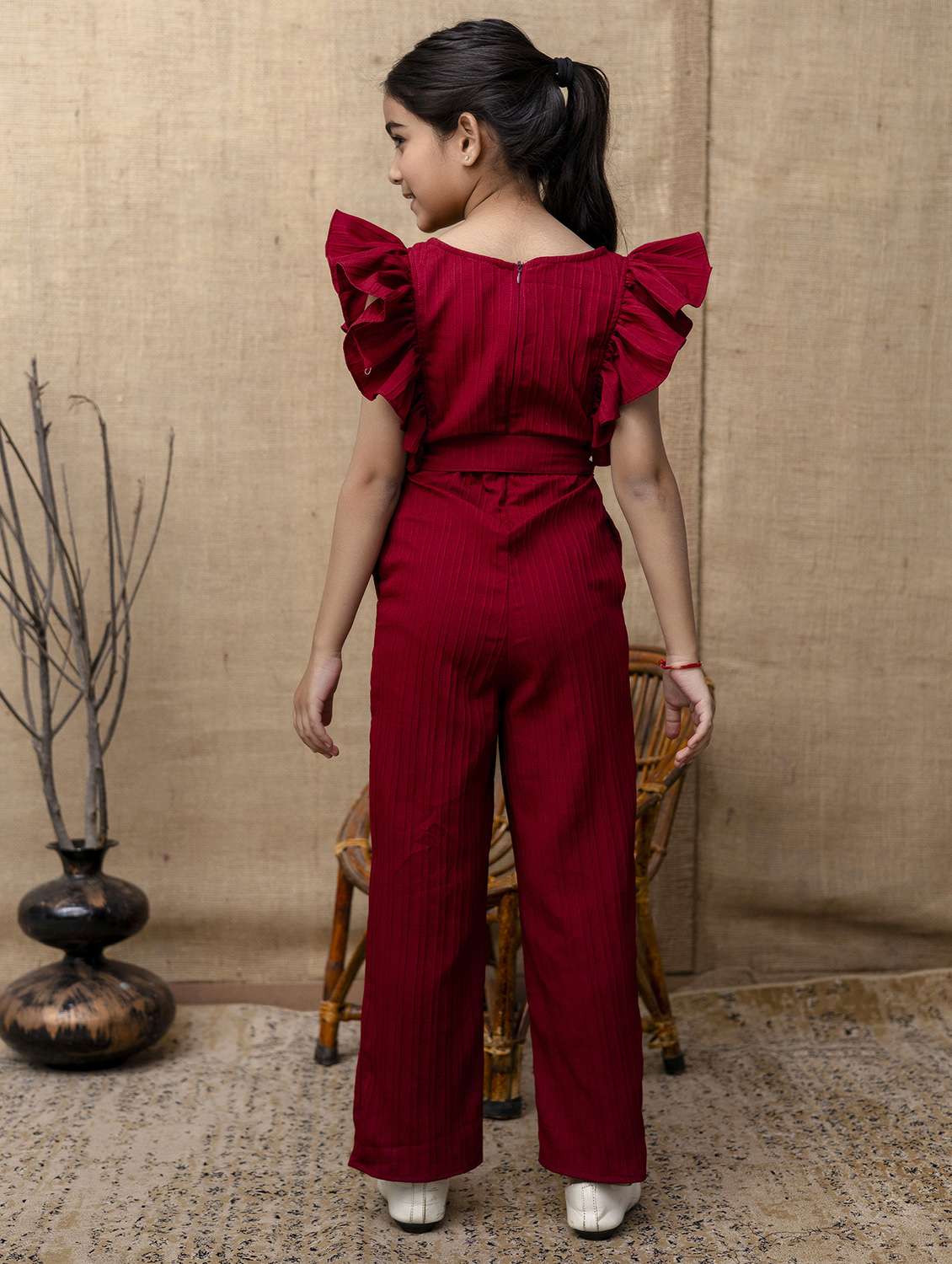 girls maroon solid ruffle sleeve jumpsuit - 22144920 -  Standard Image - 3