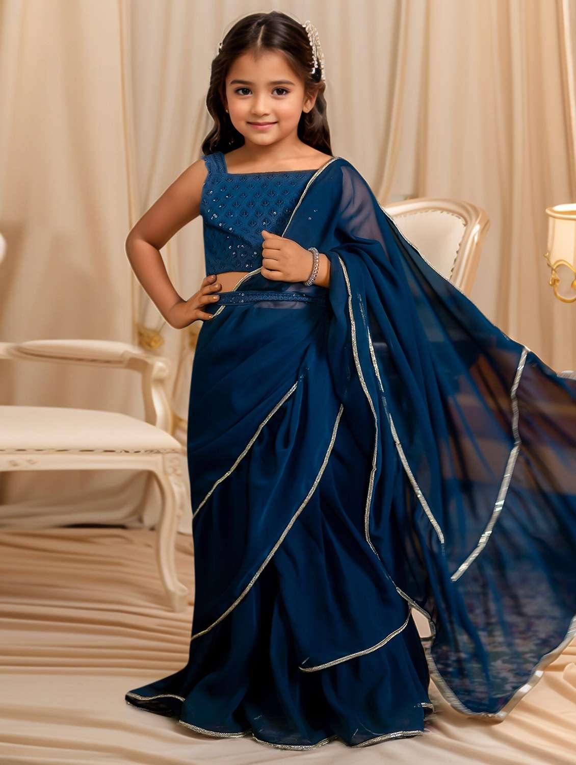 girls solid pre draped ruffled saree