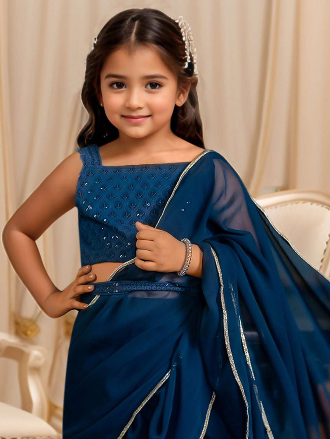 girls solid pre draped ruffled saree - 22144921 -  Standard Image - 3