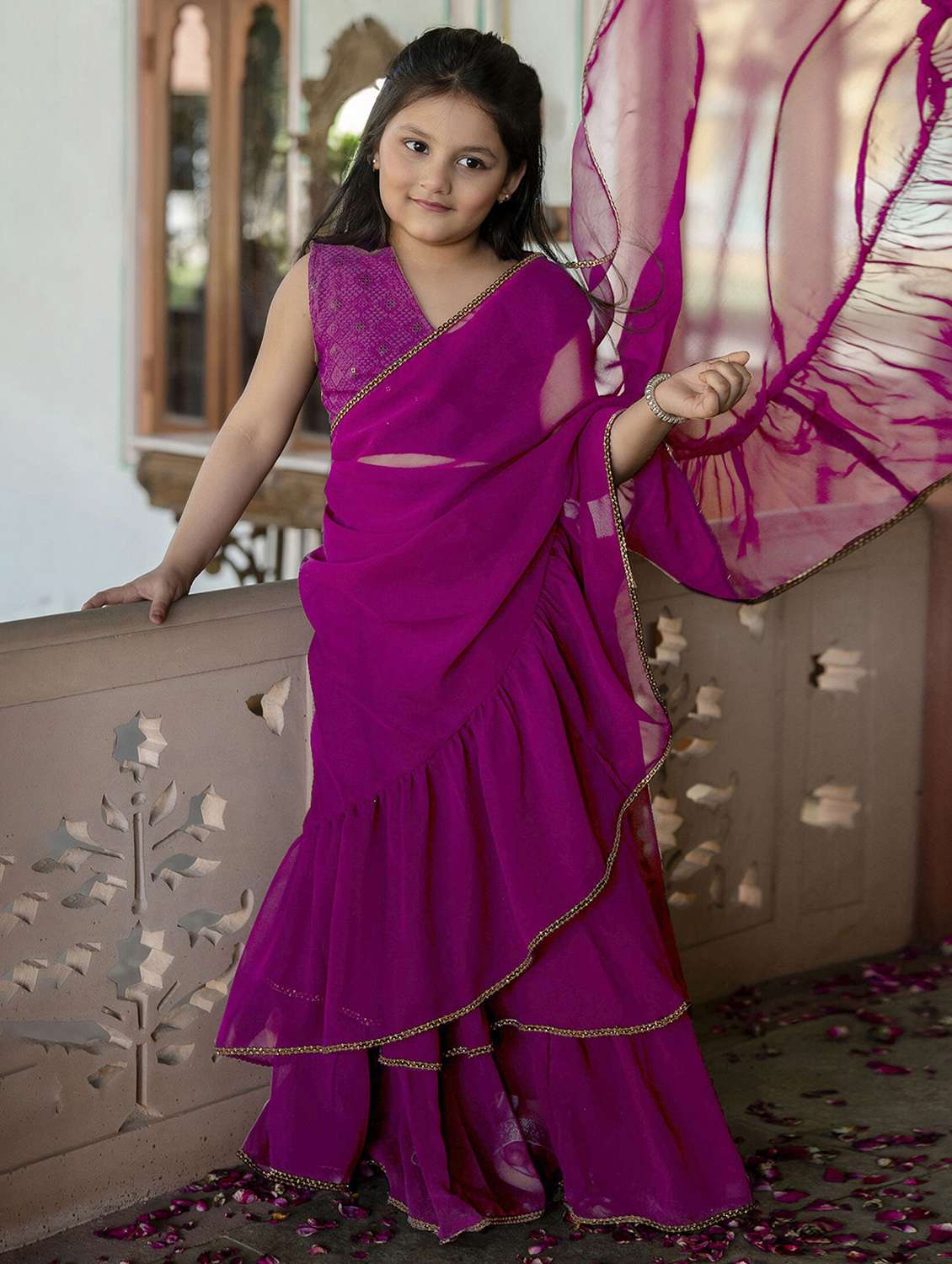 girls solid pre draped ruffled saree
