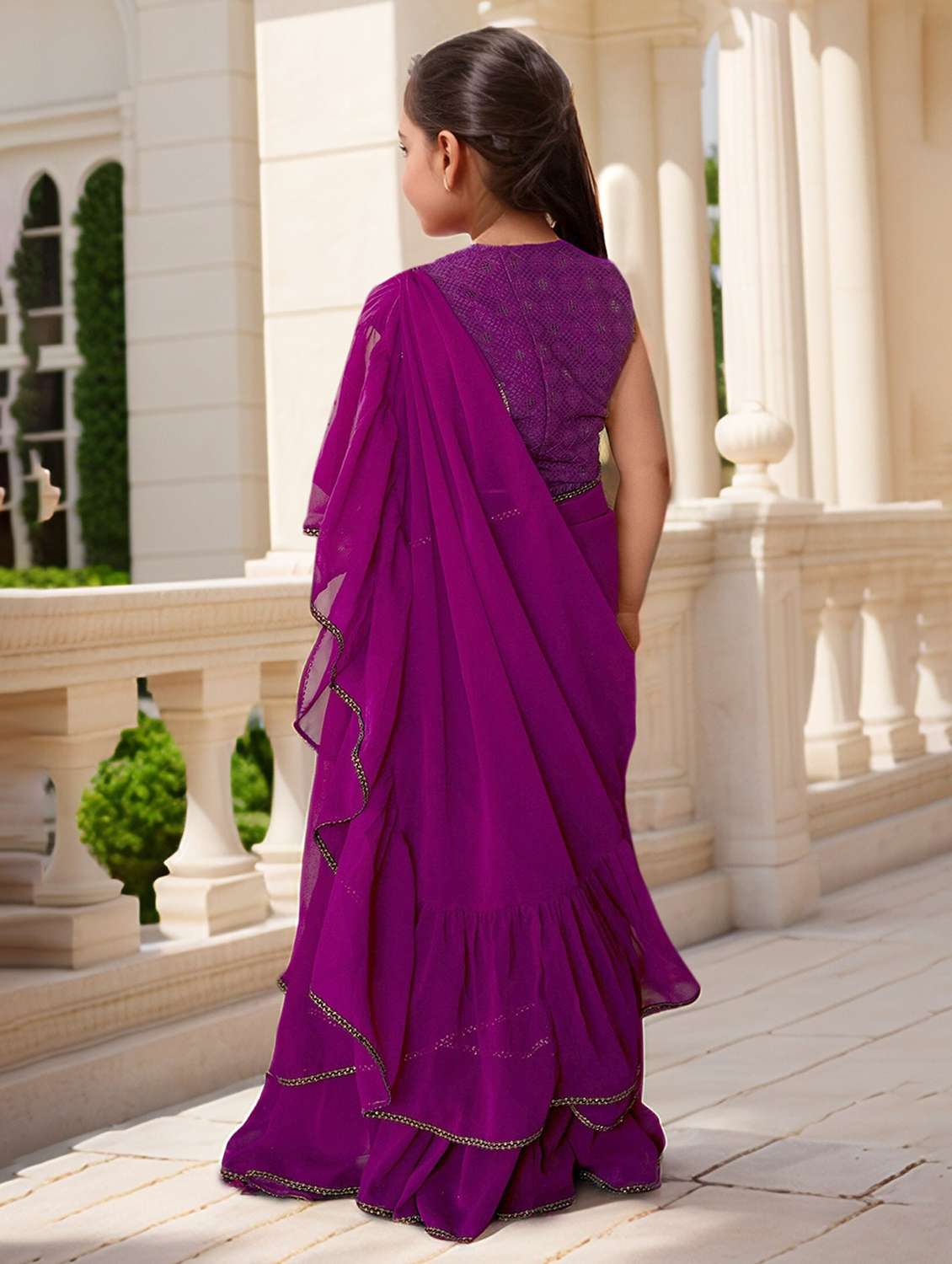 girls solid pre draped ruffled saree - 22144922 -  Standard Image - 3