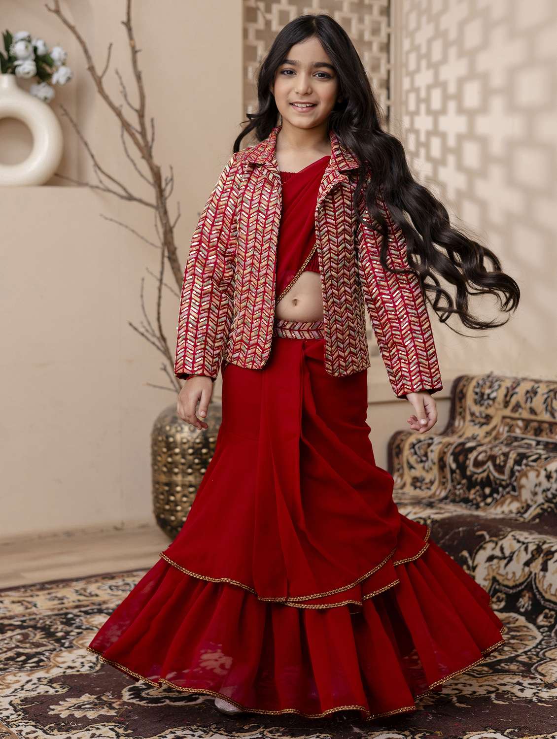 girls solid pre dreaped saree with embroidered jacket