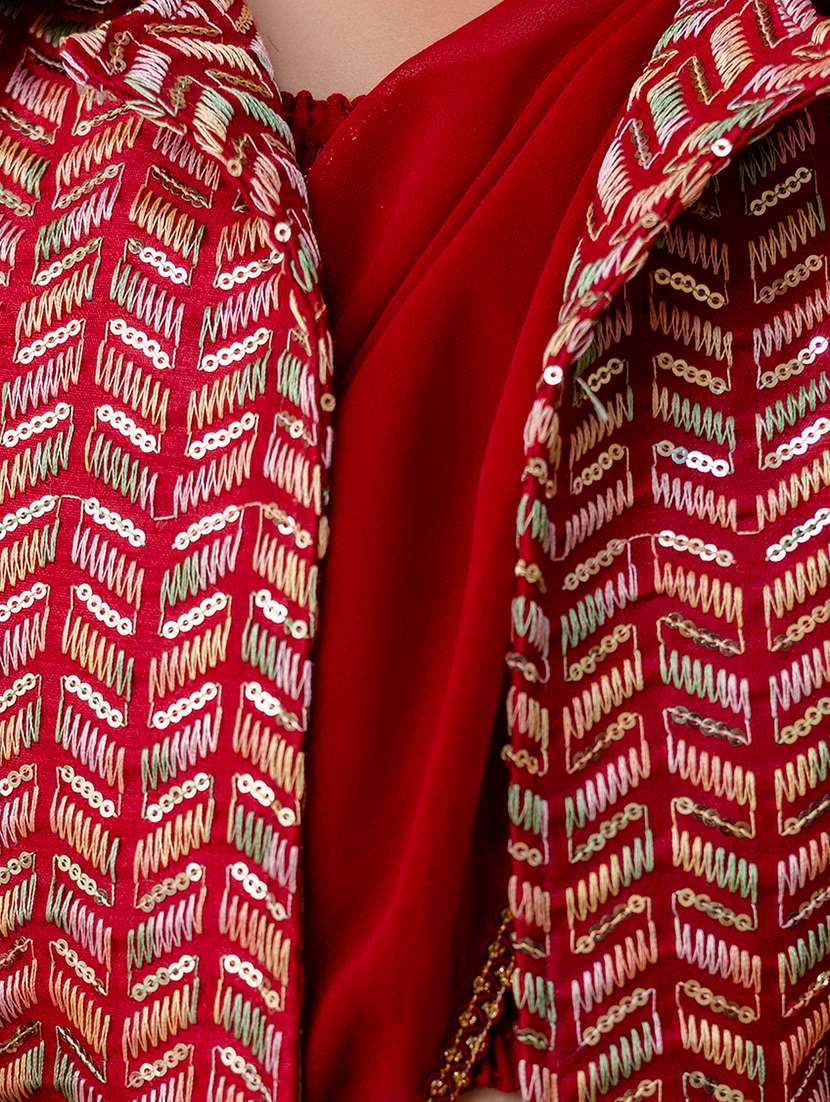 Girls Solid Pre Dreaped Saree With Embroidered Jacket - 22144923 -  Standard Image - 5