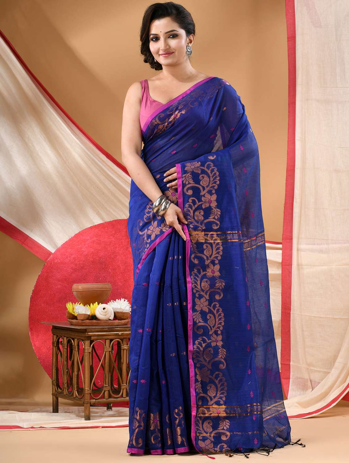 blue cotton handloom saree with blouse
