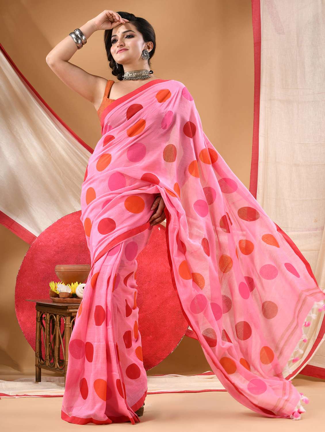 women polka dot printed saree