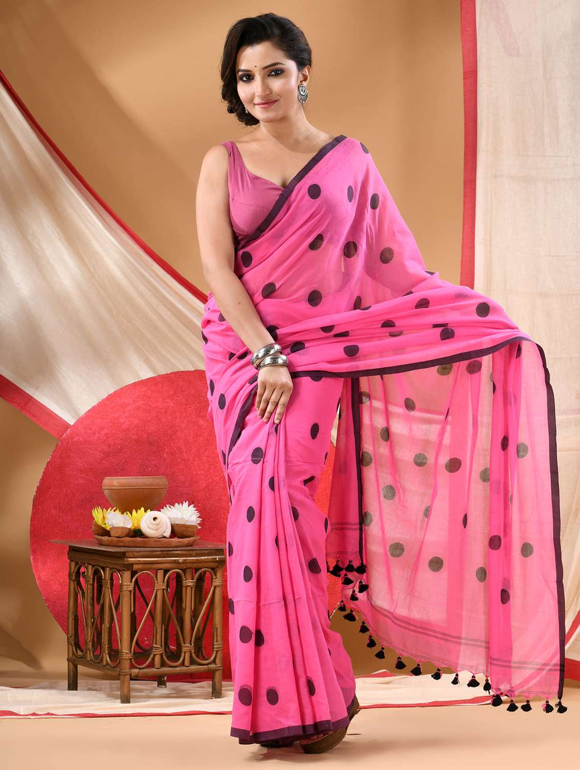women polka dot printed saree