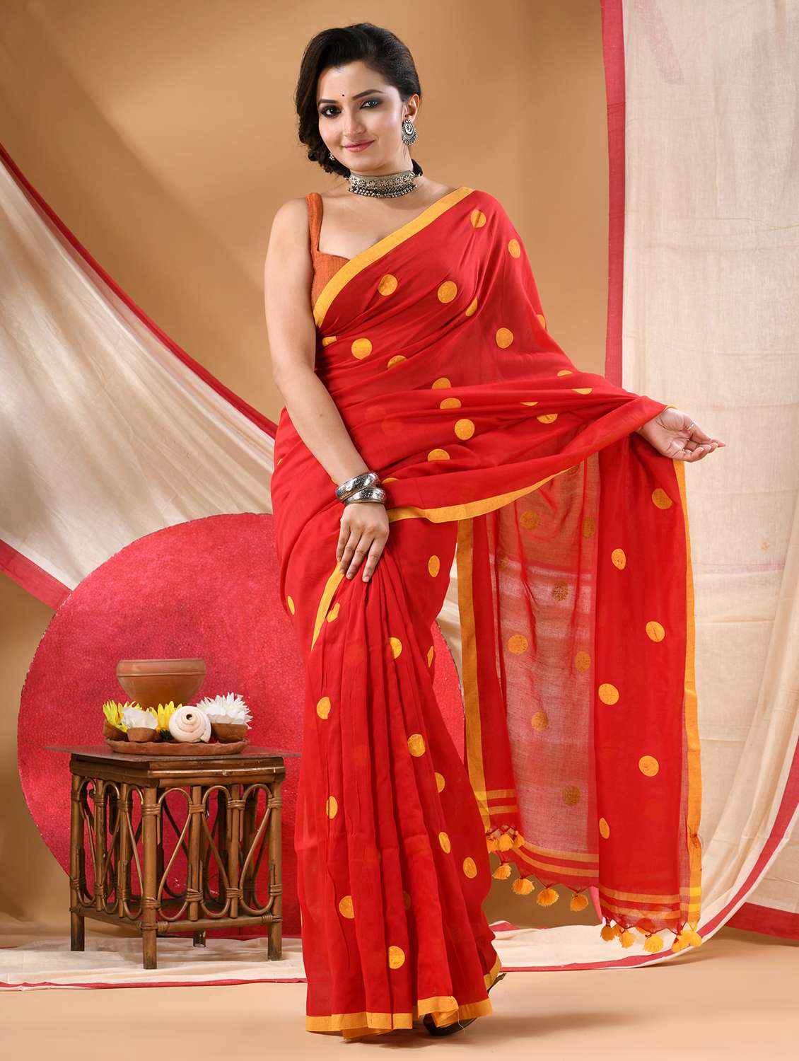 women polka dot printed saree