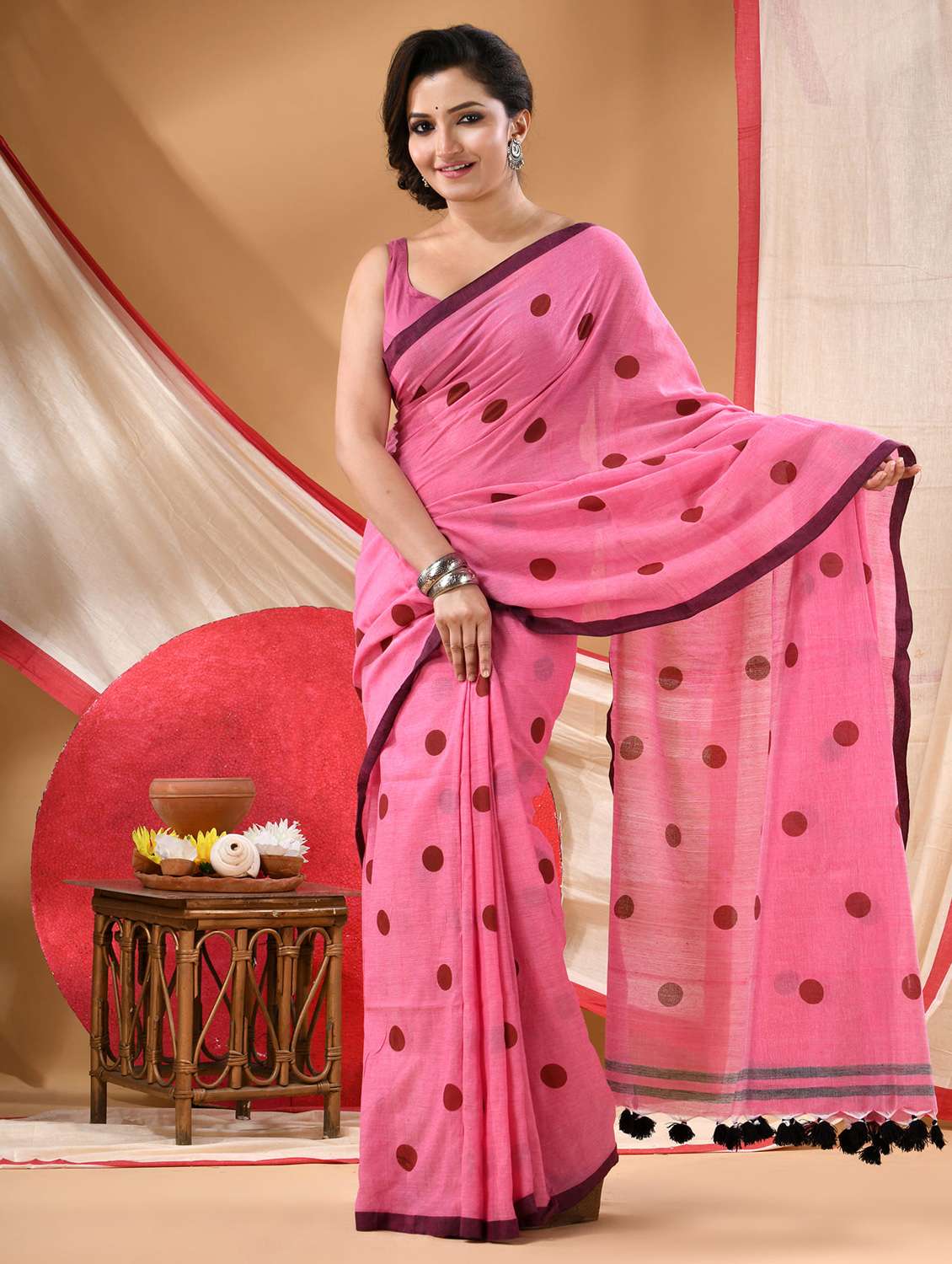 women polka dot printed saree