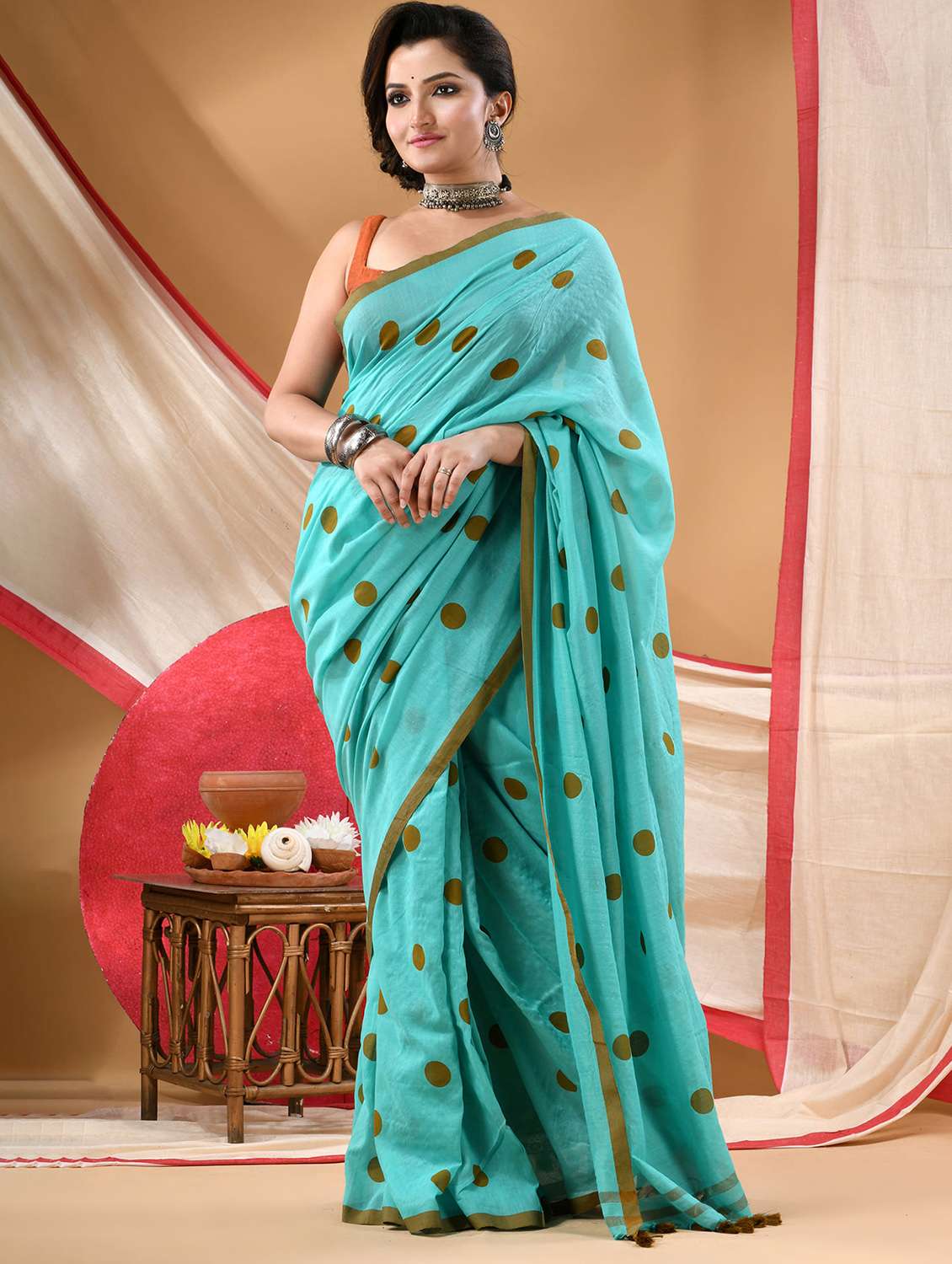 women polka dot printed saree