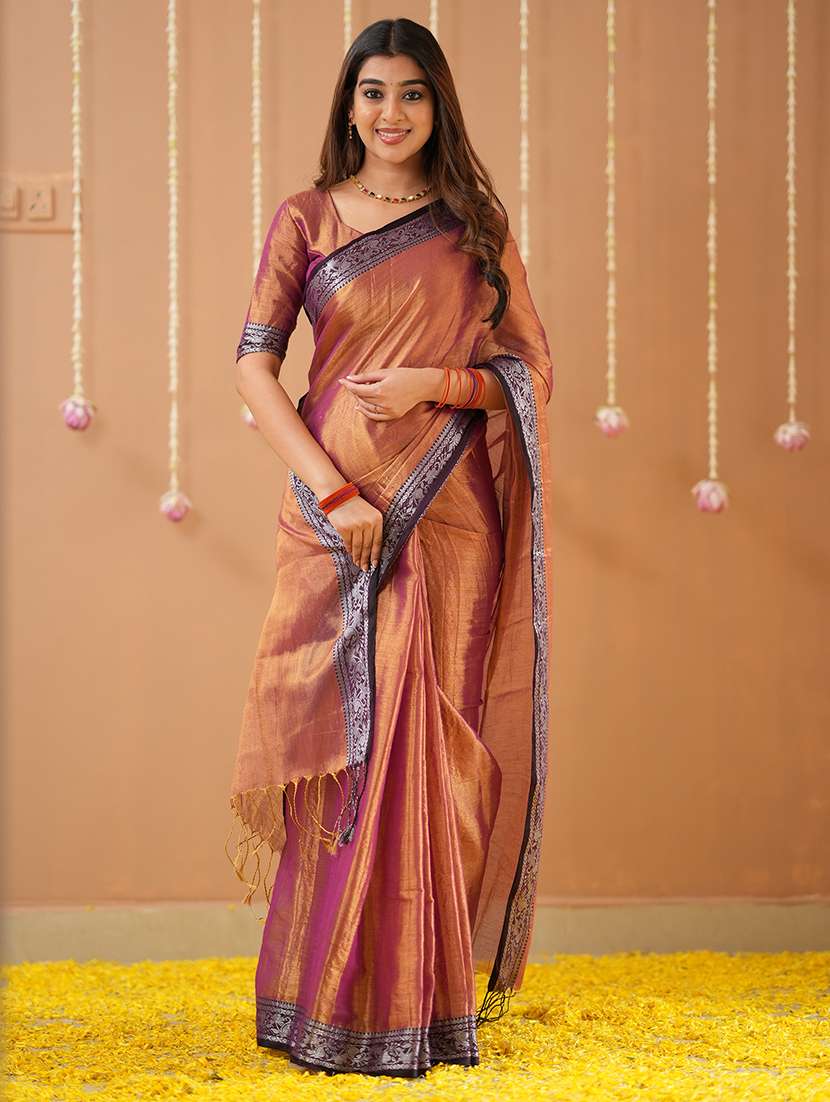 women solid with bordered handloom saree with blouse - 22145099 -  Standard Image - 3