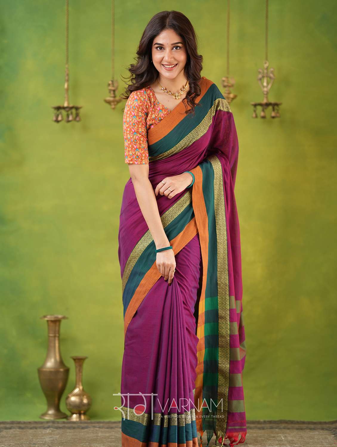 women solid with bordered narayanpet saree with blouse