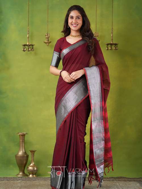 women solid with bordered narayanpet saree with blouse - 22145115 -  Standard Image - 0
