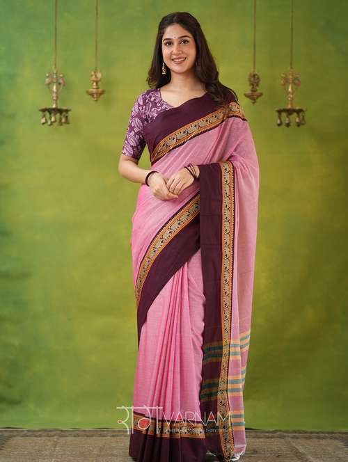 women solid with bordered narayanpet saree with blouse - 22145122 -  Standard Image - 0