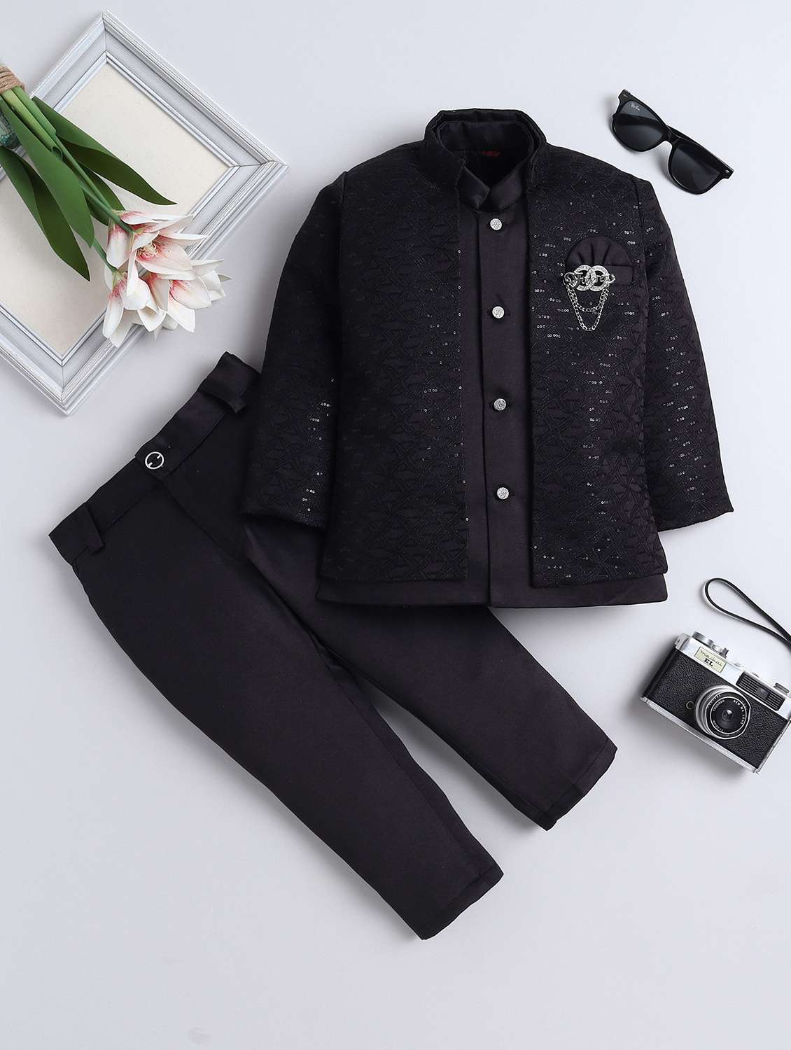 boys embroidered mandarin neck sherwani set - 22145341 - Zoom Image - 0