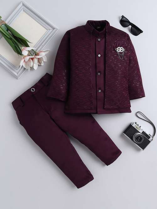 boys embroidered mandarin neck sherwani set - 22145343 - Standard Image - 0